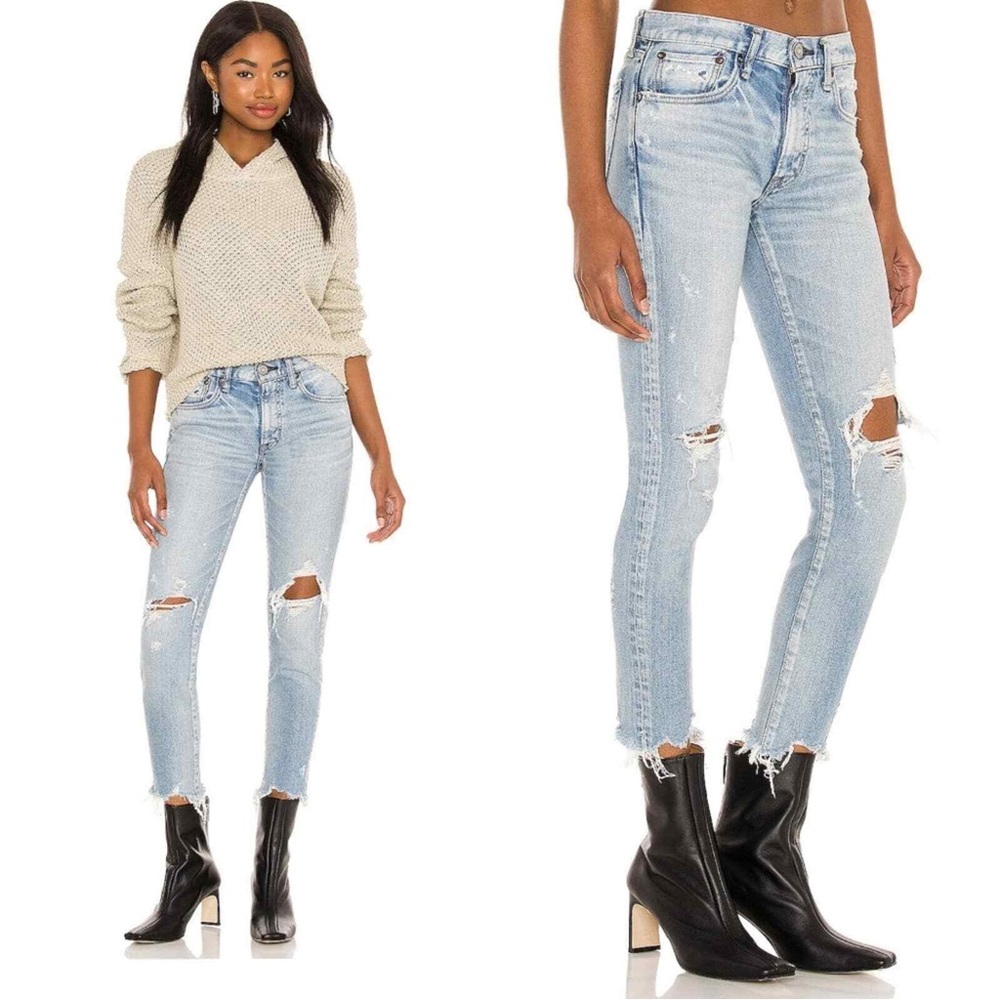 Moussy Vintage Altawoods Mid Rise Distressed Skinny Jeans in Light Blue Wash